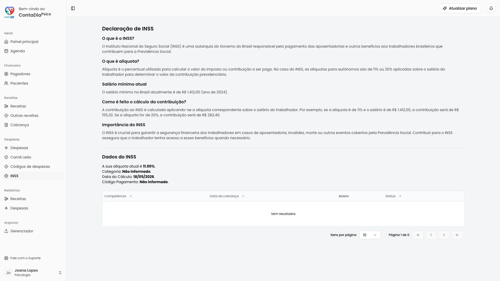 Tela de controle de INSS da ContaDia